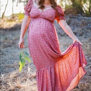 Pink floral puff sleeve maxi dress Size M